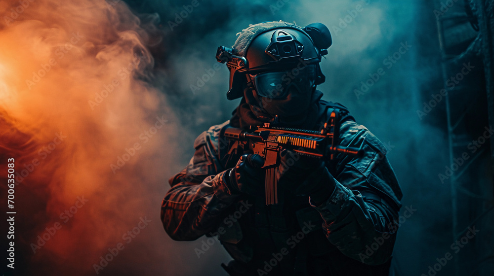 SWAT officer in tactical gear, action pose, amidst a smoke-filled room, direct eye contact SWAT officer in tactical gear, action pose, amidst a smoke-filled room, direct eye contact