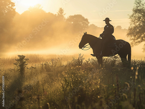mounted police officer on a horse, open field, early morning fog