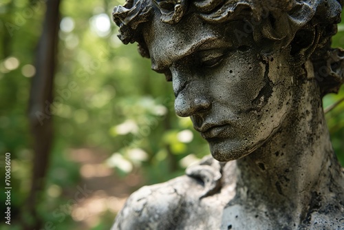 A stone stoic sculpture, statue of a person in a beautiful environment.