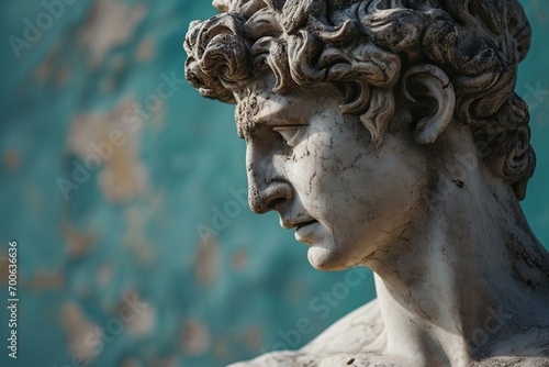 A stone stoic sculpture, statue of a person in a beautiful environment.