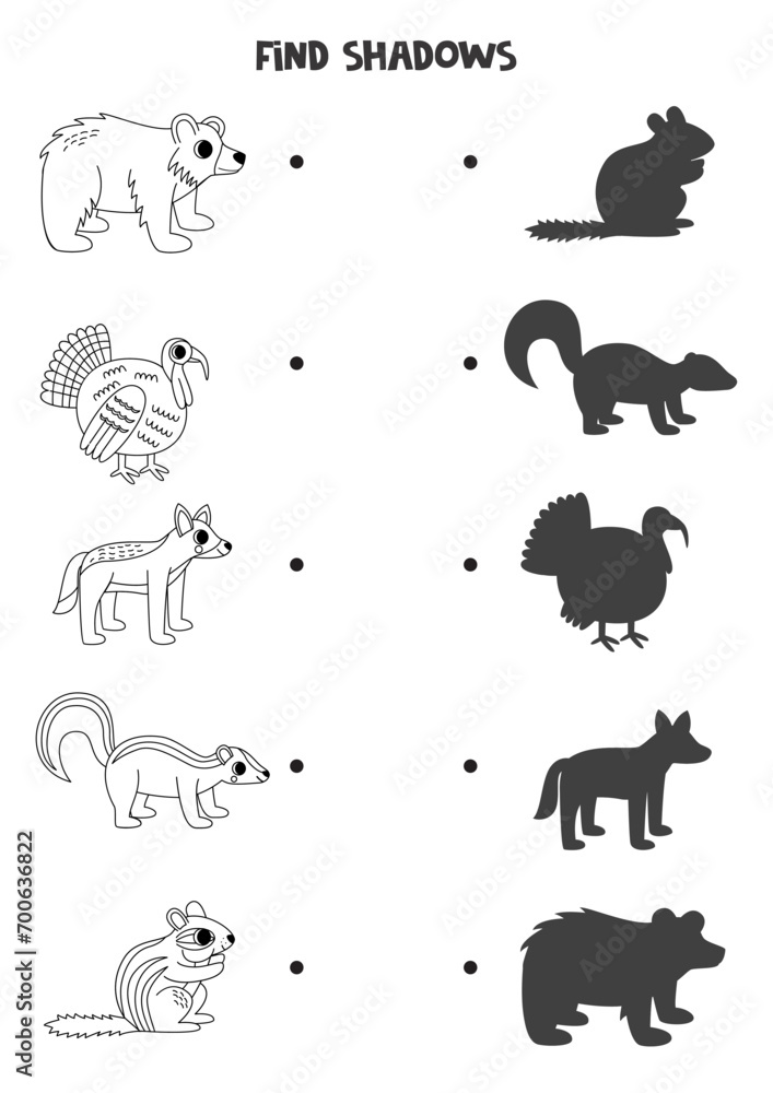 Obraz premium Find the correct shadows of black and white North American animals. Logical puzzle for kids.
