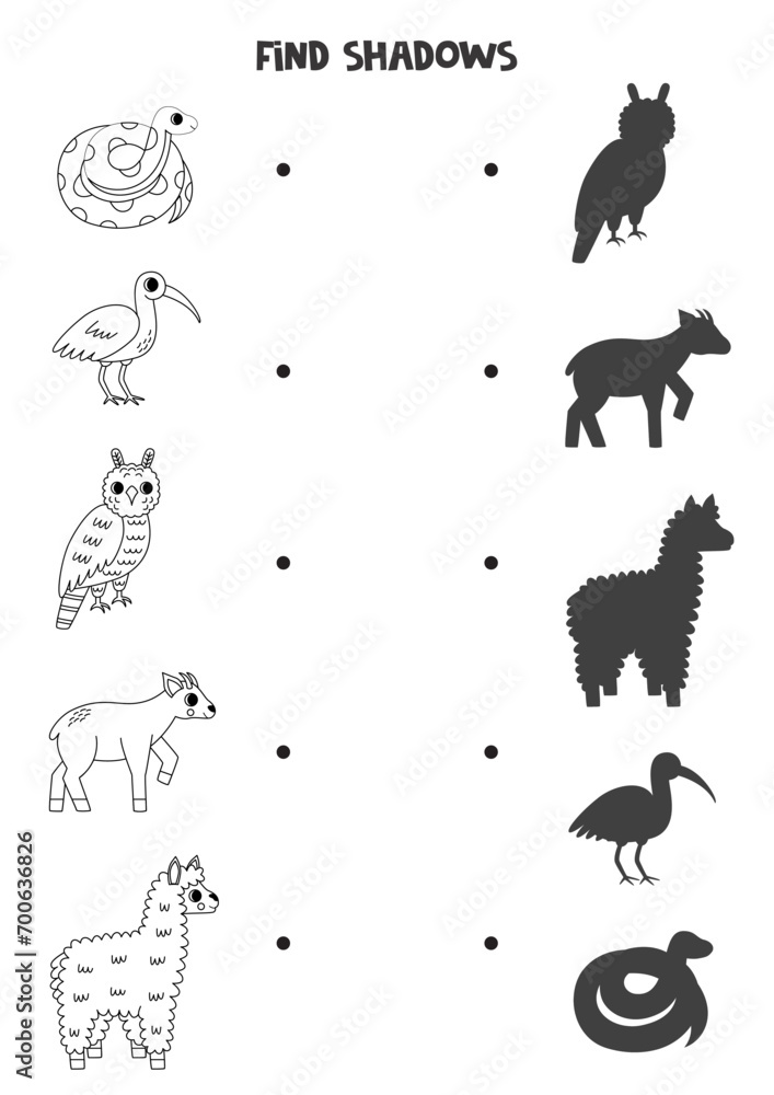 Find the correct shadows of black and white South American animals. Logical puzzle for kids. Find the correct shadows of black and white South American animals. Logical puzzle for kids.