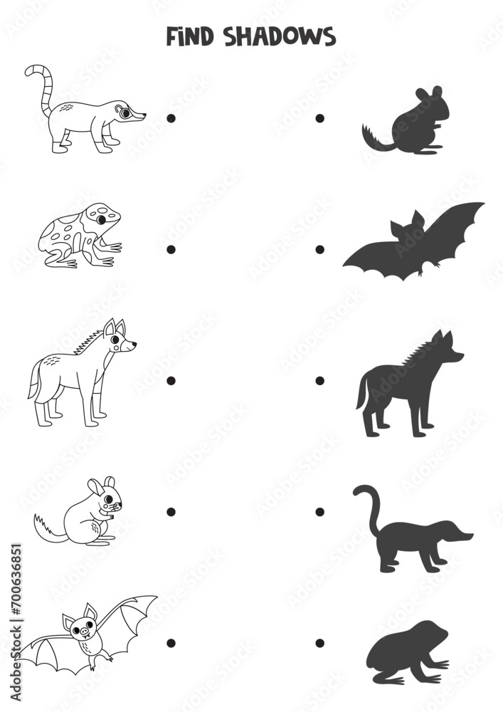 Find the correct shadows of black and white South American animals. Logical puzzle for kids.