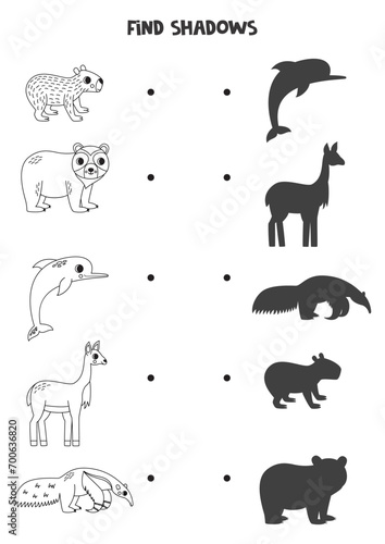 Find the correct shadows of black and white South American animals. Logical puzzle for kids.