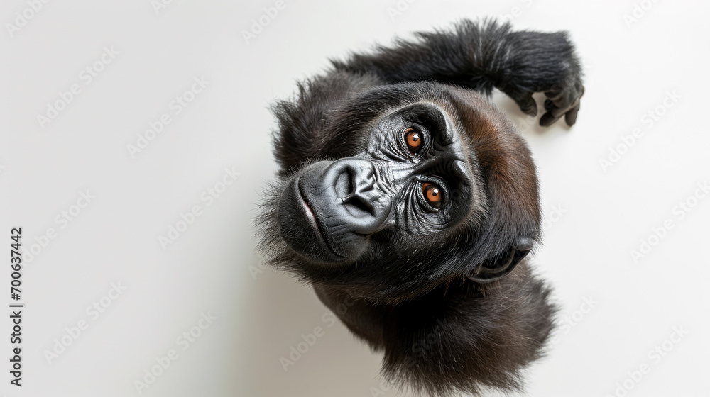 Fototapeta premium a chimpanzee on white background is looking up. Generative AI