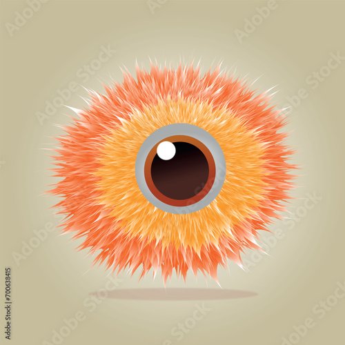 Fluffy round creature with orange prickles and one eye, 3D vector drawing