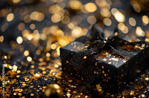 gift box on black background with gold confetti and confetti in the background