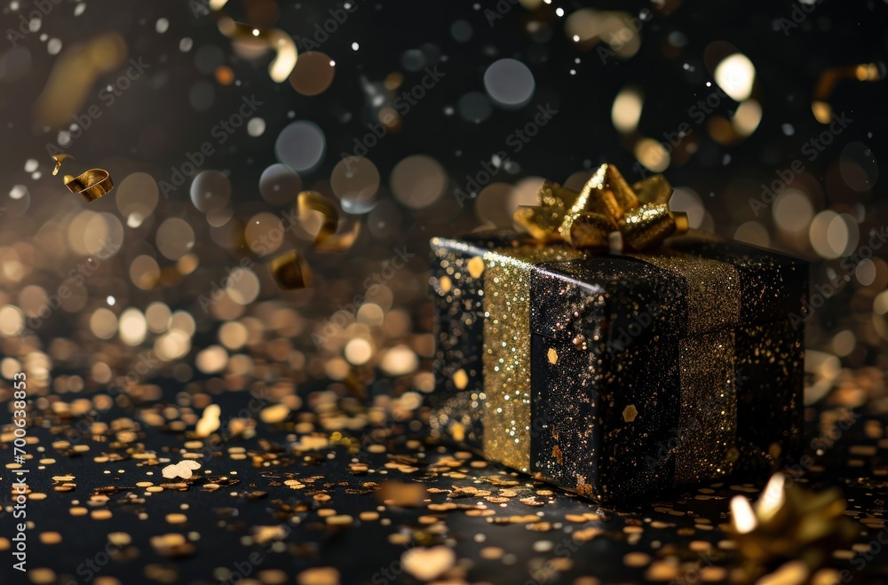 gift box on black background with gold confetti and confetti in the background gift box on black background with gold confetti and confetti in the background