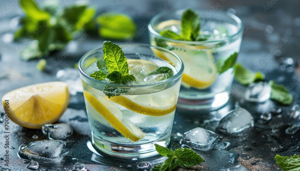 fresh water with lemon and mint leaves in glasses fresh water with lemon and mint leaves in glasses