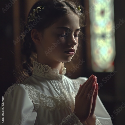 first communion girl with hands on chest praying