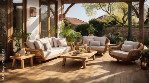 terrace with rattan including sofa  table and chairs on wooden floor with sunny garden
