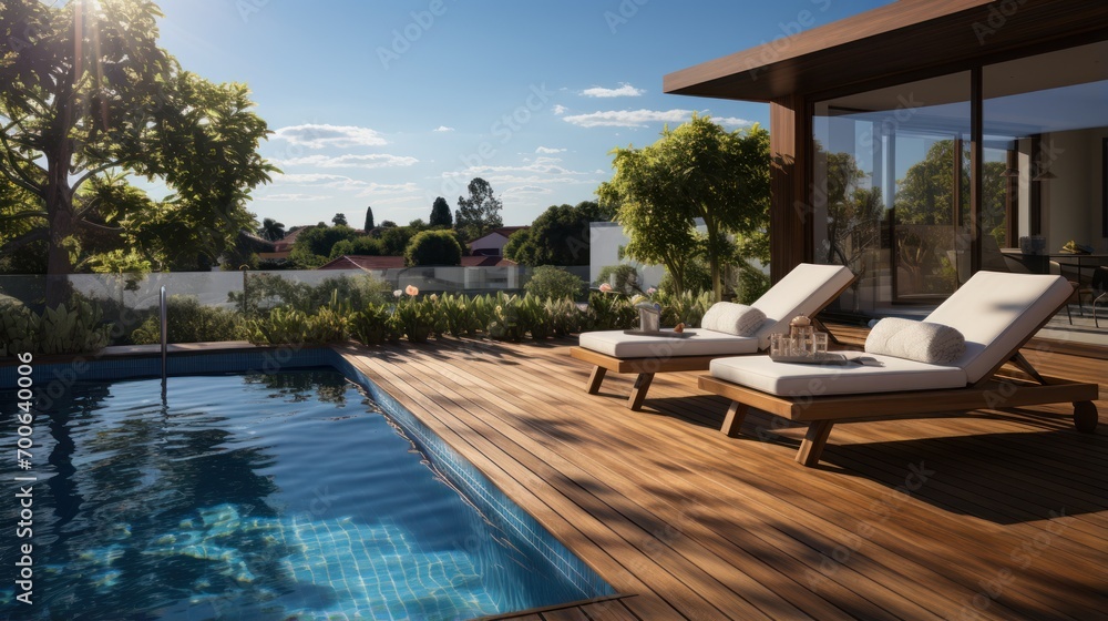 swimming pool with exotic wooden terrace with sun loungers. beautiful scenery