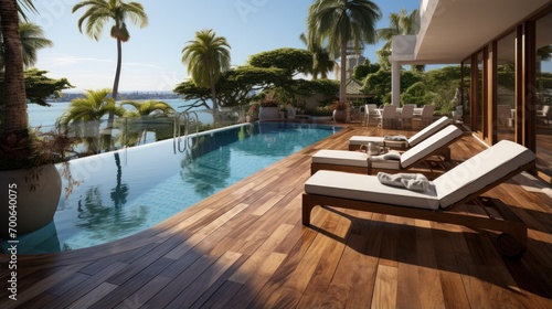 swimming pool with exotic wooden terrace with sun loungers. beautiful scenery © Prasojo
