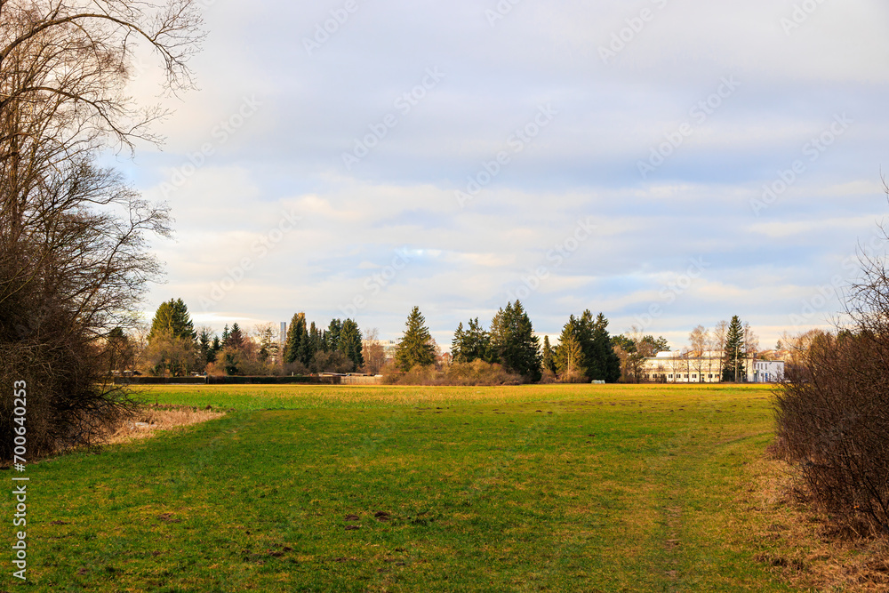 Fototapeta premium View from the edge of the forest in Siebenbrunn towards Haunstetten, a district of the Fugger city of Augsburg