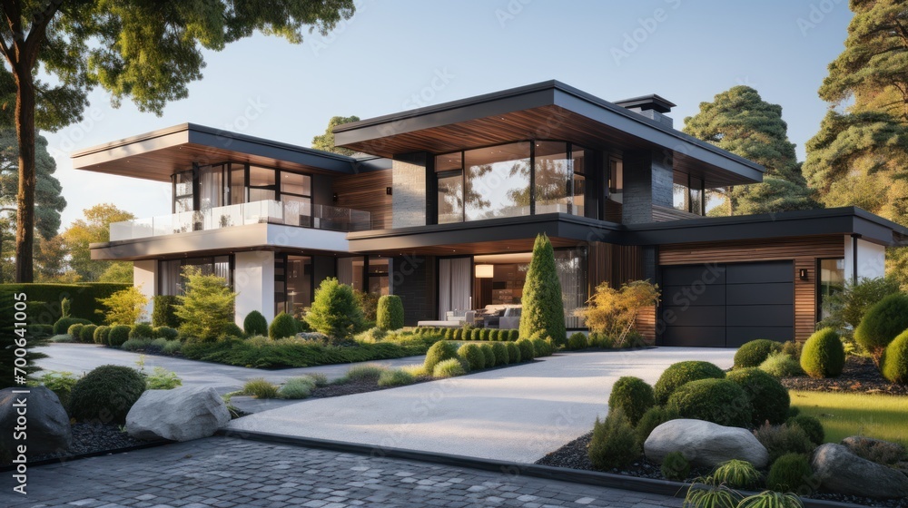 custom made wallpaper toronto digitalFront of modern house from street with white walls, green yard and garage driveway