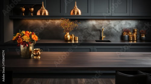 modern luxury kitchen in black with gold-colored appliances and wooden tables