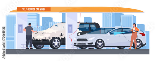 Car wash. People wash their cars at a self-service car wash. Washing dirt from the car body. Vector illustration