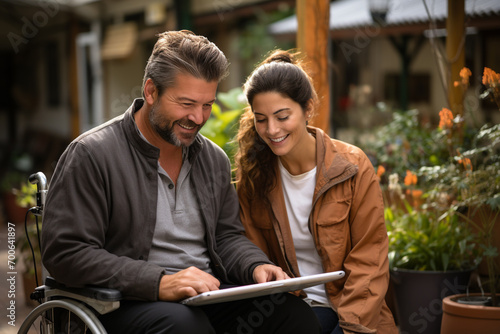 female caretaker and disabled man using digital tablet in yard