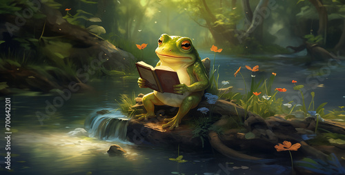 a cute frog reading by a peaceful river photo