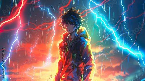 Anime Charakter im Gewitter - Kraft und Entschlossenheit