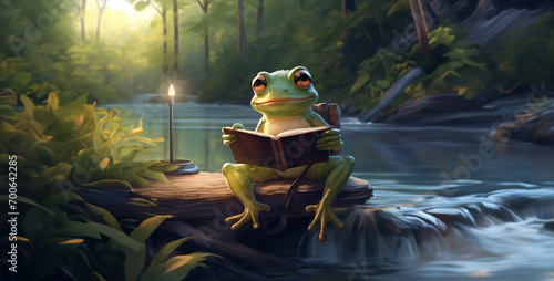 a cute frog reading by a peaceful river, frog sitting on a rock © Ajmal Ali 217
