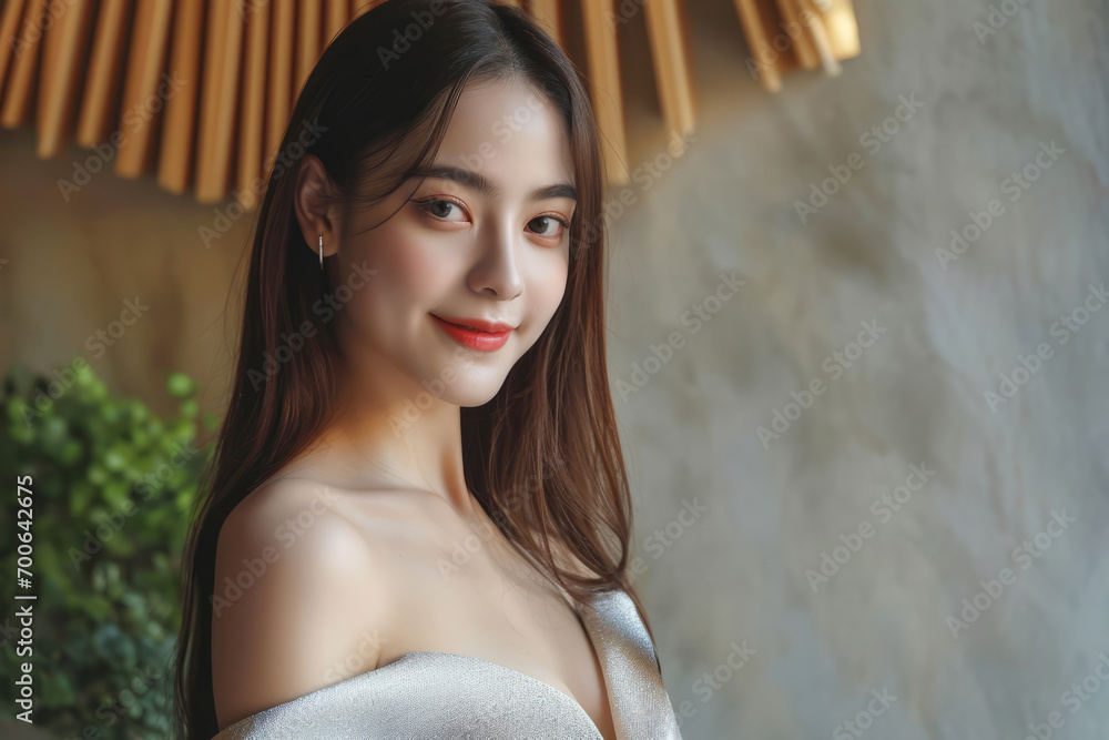 Fototapeta premium Attractive glamour beautiful elegance asian woman in stylish dress hairstyle portrait shot smile look at camera