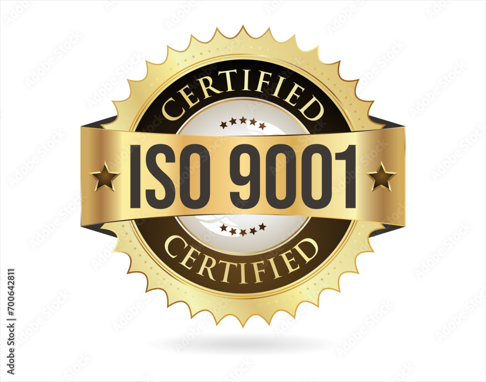 ISO 9001 certified golden badge vector illustration on white background 
