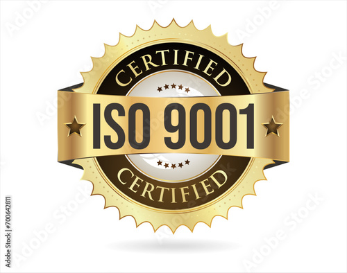 ISO 9001 certified golden badge vector illustration on white background 