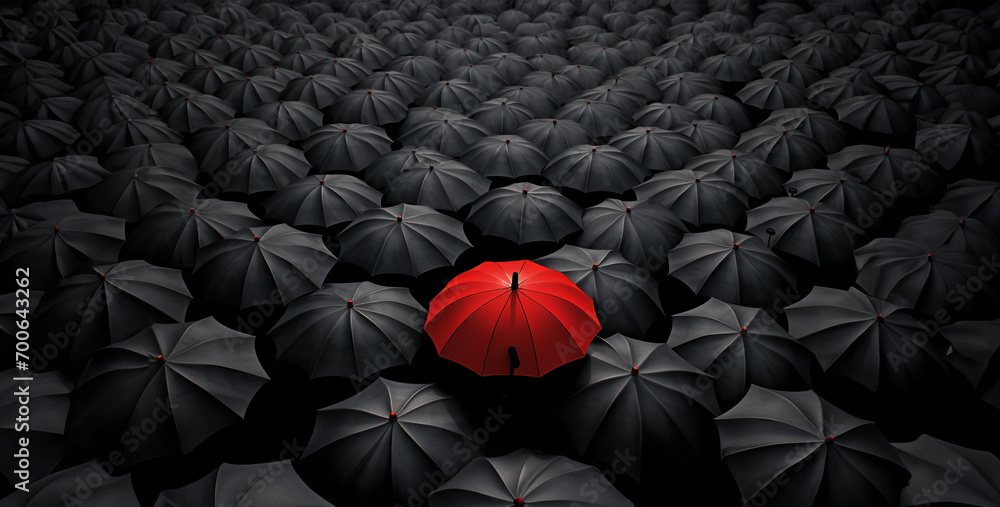 lots of black umbrellas with one red umbrella in the middle, black and red umbrellas - obrazy, fototapety, plakaty 