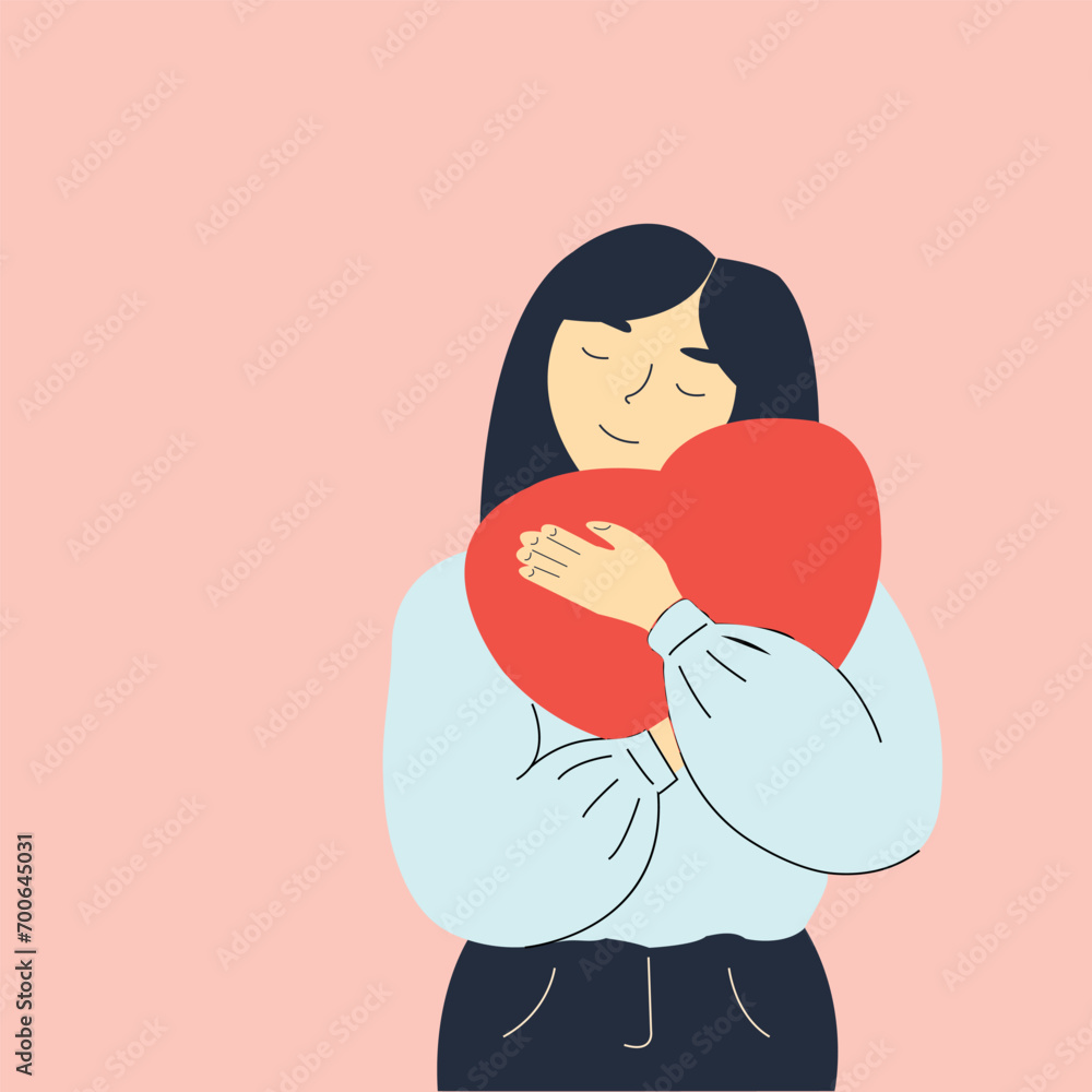 Girl in shirt and pants with dark hair holding a red heart, flat vector illustration