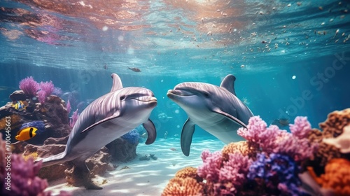 group of dolphins in colorful underwater, AI generative.group of dolphins in colorful underwater, AI generative © khwanchai