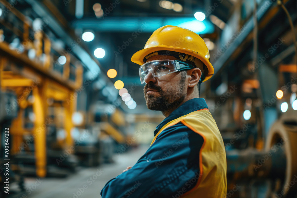 Portrait of a man in a construction helmet at work in a workshop at a factory Portrait of a man in a construction helmet at work in a workshop at a factory
