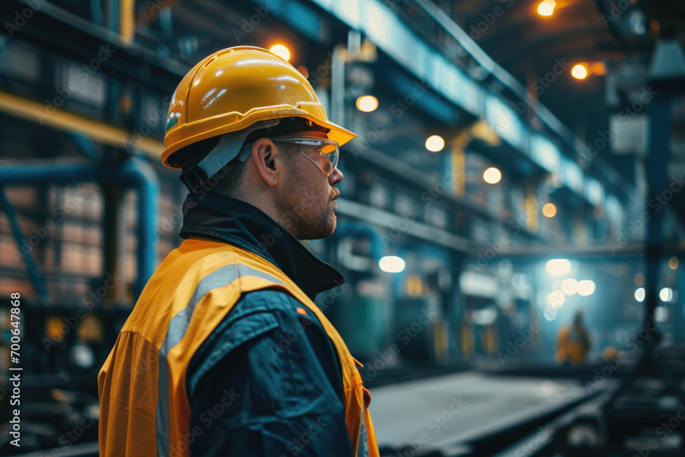 Portrait of a man in a construction helmet at work in a workshop at a factory Portrait of a man in a construction helmet at work in a workshop at a factory