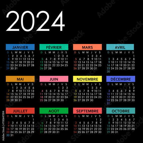 2024 french calendar. printable, editable template vector illustration 