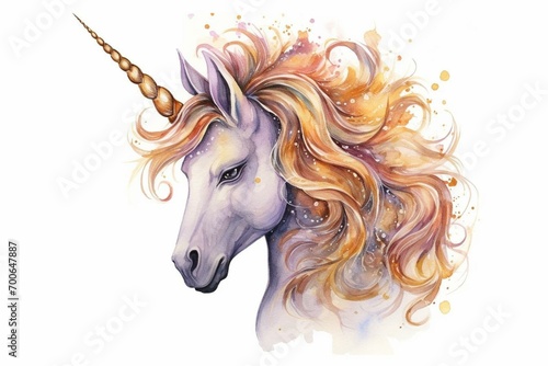 Watercolor unicorn, fairy tale creature with gold curly hair, isolated on white background. Generative AI © Vadym