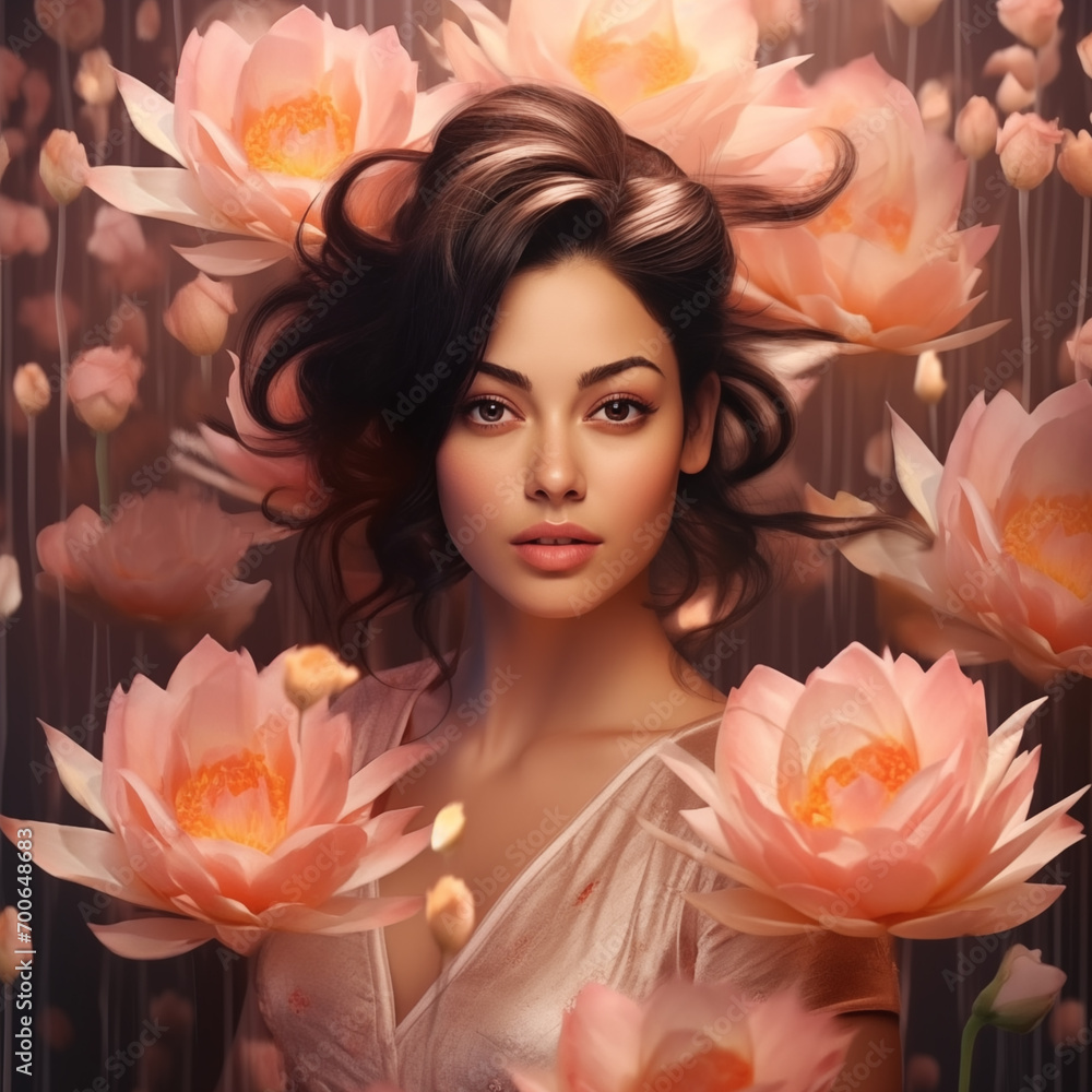 Beautiful woman with lotus flowers