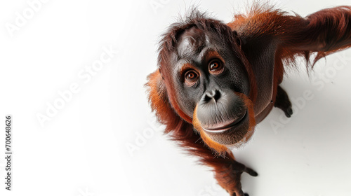 a oran utan on white background is looking up. Generative AI