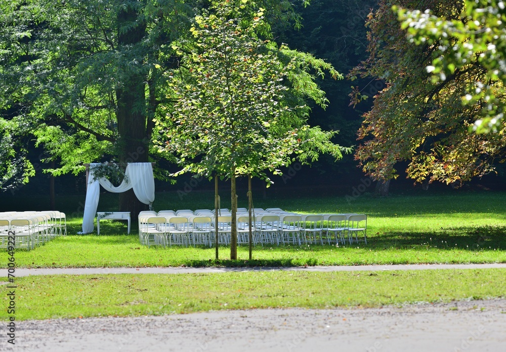 White wedding decoration in the forest park before the wedding