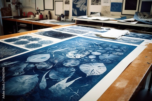 Cyanotype workshop graphic print design, blue and white colors with floral, natural elements.