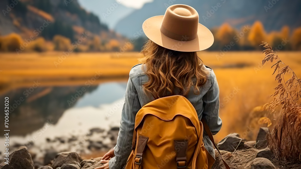 Girl with hat and backpack in nature