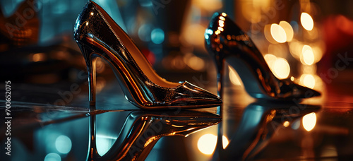 Glossy, high-fashion stilettos on a glass surface, capturing their reflection, sleek and modern, lit with studio lights photo