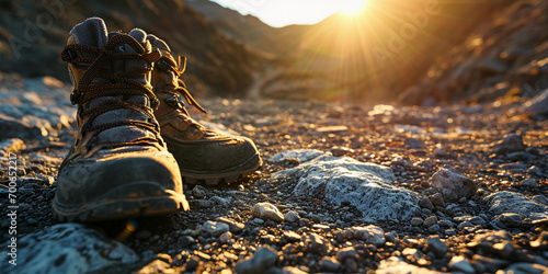 Hiking shoes on a rocky mountain path at sunrise, ultra-detailed, capturing the worn texture and surroundings © Gia