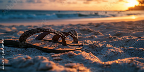 Sandals on a sandy beach, photorealistic, capturing the grains of sand and fabric, set during the blue hour with natural lighting