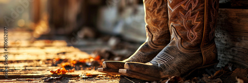 worn-out cowboy boots, set against a rustic barn backdrop at sunset, capturing the aged leather and intricate stitching