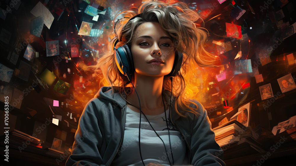 Fototapeta premium Personalized Entertainment: Individual Using a Streaming Service Enhanced by AI Algorithms, Recommending Movies, TV Shows, or Songs Tailored to Their Viewing Preferences, Elevating the Entertainment