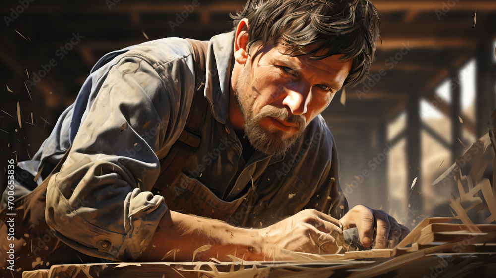 Timber Craftsman: Sawmill Worker Engaged in Intensive Labor, Sawdust Flying as They Work Diligently to Transform Raw Timber into Crafted Pieces. Timber Craftsman: Sawmill Worker Engaged in Intensive Labor, Sawdust Flying as They Work Diligently to Transform Raw Timber into Crafted Pieces.