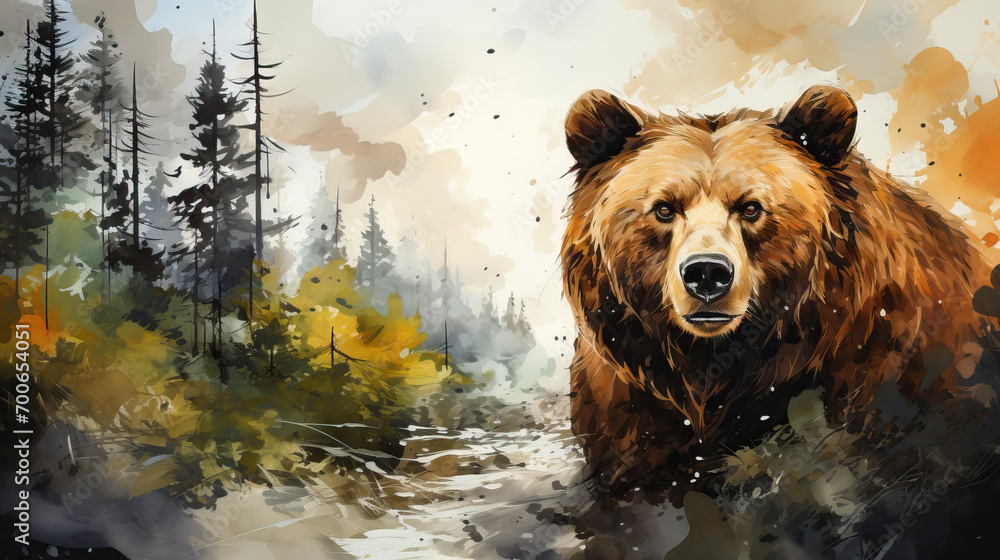 Majestic Brown Bear: A Stately Brown Bear Standing Tall Against the Backdrop of a Watercolor-Painted Forest, Embracing the Enchanting Harmony of Wildlife and Nature's Artistry. Majestic Brown Bear: A Stately Brown Bear Standing Tall Against the Backdrop of a Watercolor-Painted Forest, Embracing the Enchanting Harmony of Wildlife and Nature's Artistry.