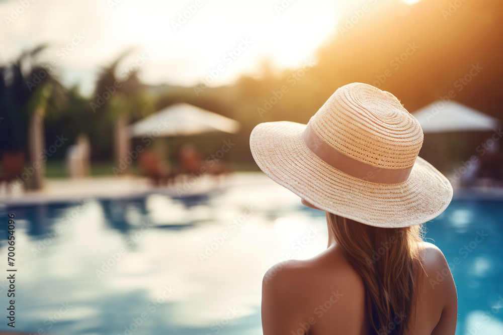 Pristine Poolside Beauty: Mystery Woman with Stylish Hat