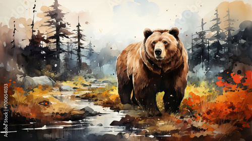 Majestic Brown Bear: A Stately Brown Bear Standing Tall Against the Backdrop of a Watercolor-Painted Forest, Embracing the Enchanting Harmony of Wildlife and Nature's Artistry.