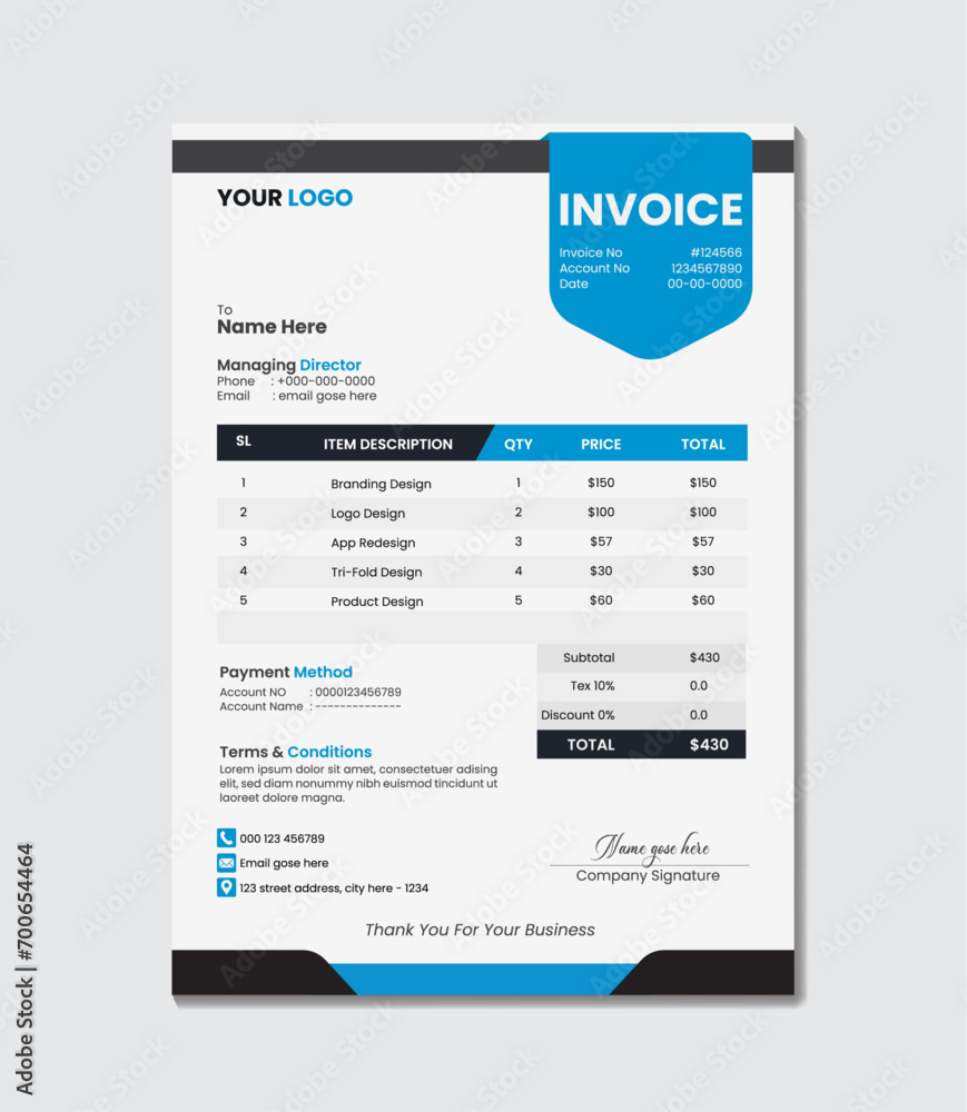 Blue and White Modern Invoice Template Design.